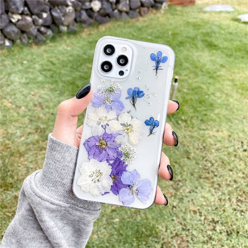 

Qianliyao Dried Real Flower Handmade Clear Pressed Phone Case For iPhone 12 11 Pro Max X XS Max XR 6 6S 7 8 Plus SE Soft Cover