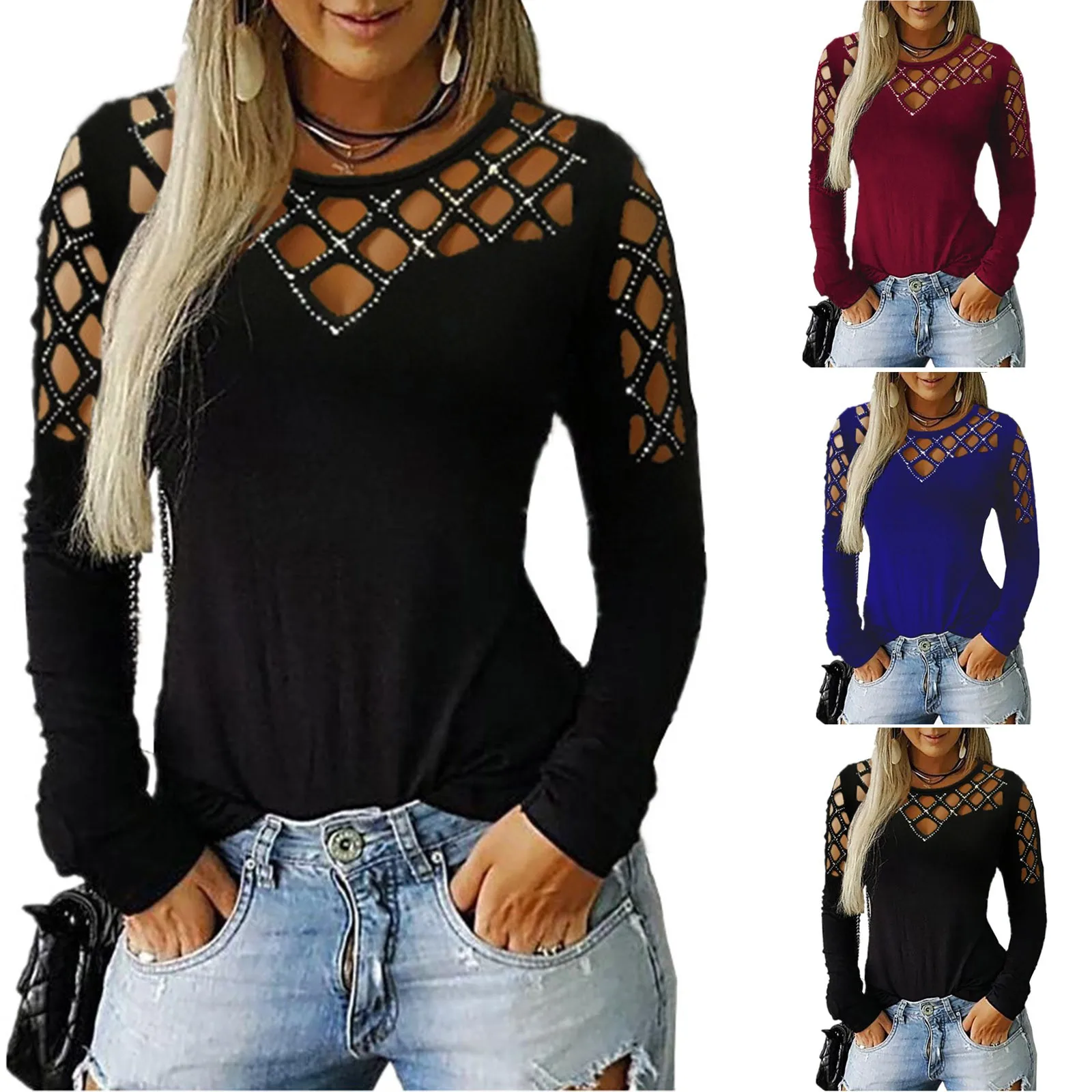 

Fashion Drill Hollow Out Blouse Shirt Cold Shoulder Top Tee Casual Autumn Winter Ladies Female Women Long Sleeve Blusas Pullover