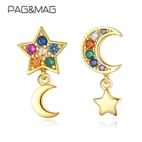 pagmag moon star colorful cz asymmetry earrings 925 sterling silver dangle earrings for women female jewelry christmas gift