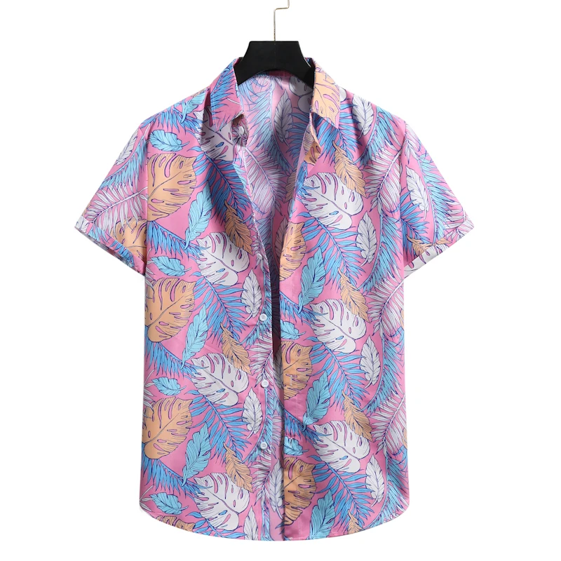 

Pink Leaf Print Hawaiian Shirt Men 2022 Summer Short Sleeve Beach Shirts Mens Tropical Aloha Shirts Male Camisa Hawaiana Hombre