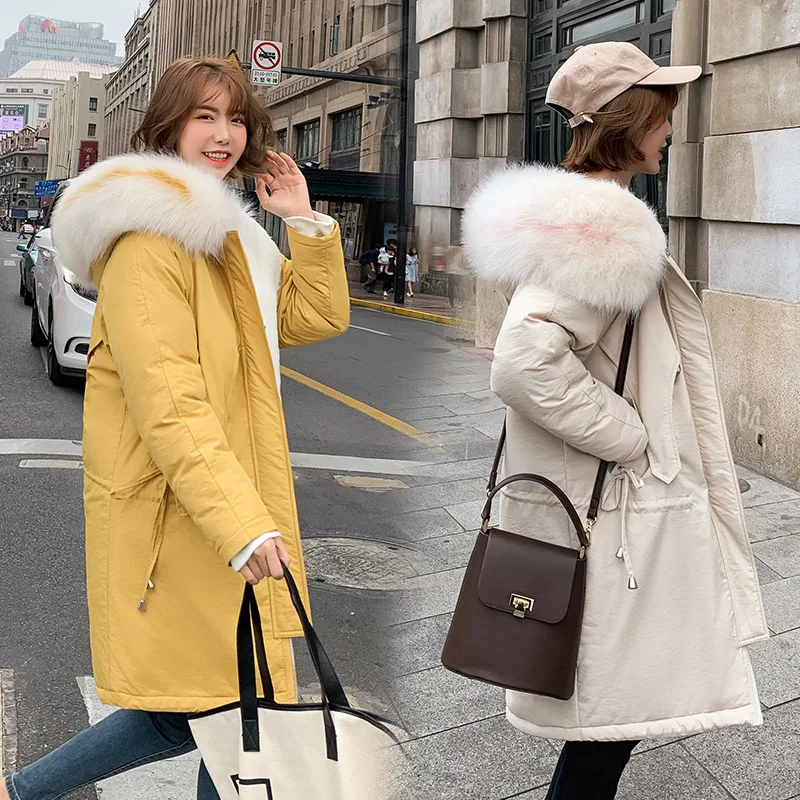 

2019 new autumn and winter new casual fashion long loose loose flocking down cotton women's warm large fur collar hooded jacket