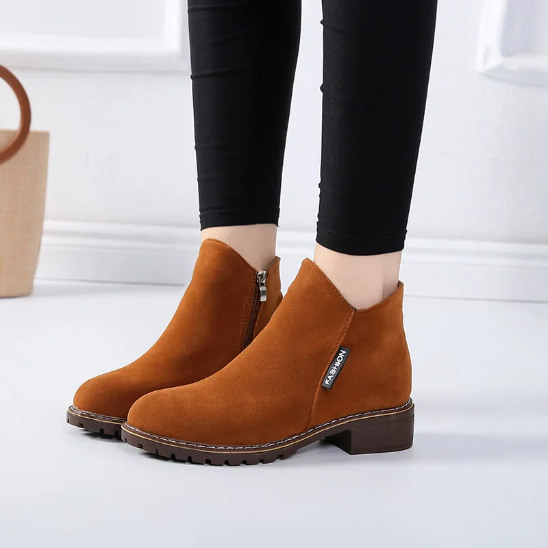 Plus Size EU42 Women Ankle Boots Flock Square Heel Autumn Winter Shoes Female Short Boot Round Toe Zipper Ladies Low Heel Shoes
