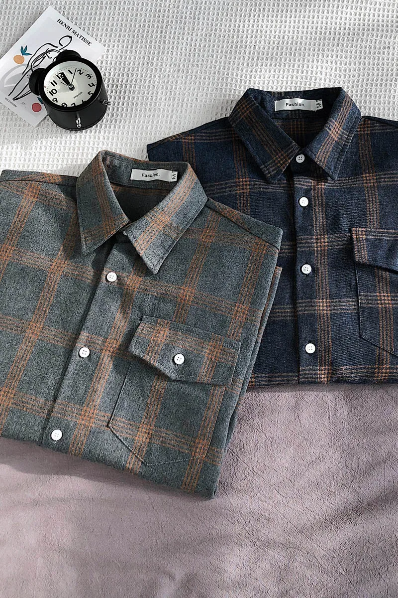 

Autumn Long Sleeve Lattice Men Shirt Fashion Turn Down Collar Shirts Chest Pocket Versatile Male Work Casual Cotton Lapel Shirts