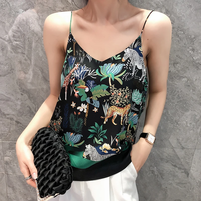 Vogue Elegant Prints Camisole Vest Women Sexy V-Neck Satin Silk Floral Animals Printed Office Lady Fashion Sling Tank Tops 2020 | Женская