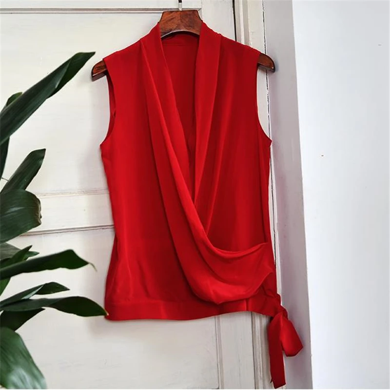 

Блузка женская оверсайз из 100% шелка, тонкая дышащая шелковая рубашка со шнуровкой, Свободный Топ с перекрестной отделкой, на лето