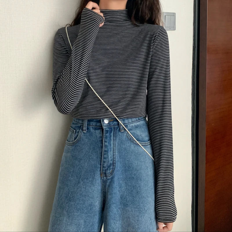 

XZ1821 Fleece striped bottoming shirt top autumn 2020 new T-shirt women