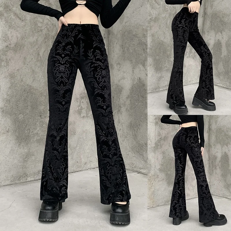 

Vintage Floral Scratched Gothic Pants Velvet High Waist Skinny Flare Trousers for Women Autumn Winter Streetwear