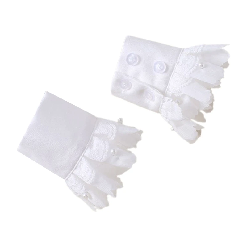 

Women Double Layer Chiffon Horn Cuff Ruffled Lace Pearl Beading False Sleeves 85WB