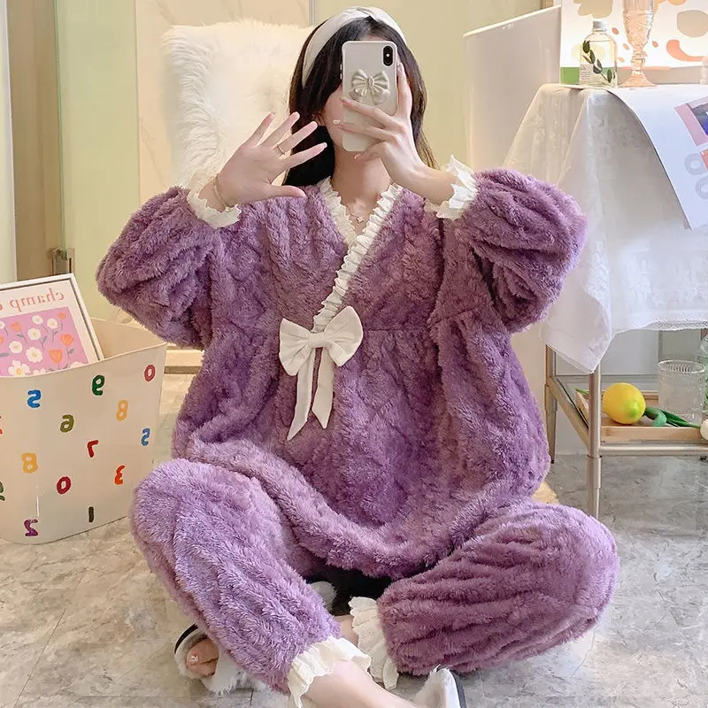 Coral Velvet Pajamas Women's Spring and Winter Thickened Warm, Sweet and Lovely Flannel Home Clothes Two-piece Suit for Women