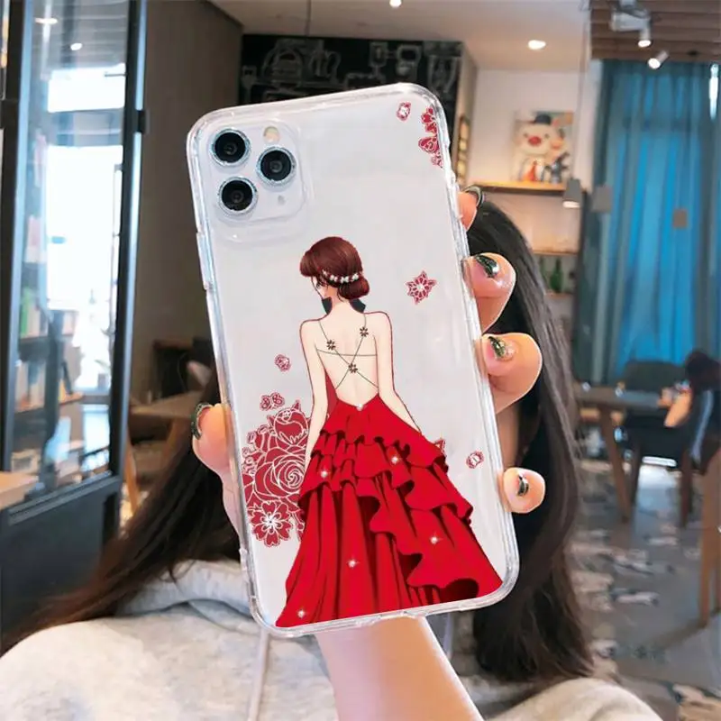 

red dress girl marry hone Case Transparent soft For iphone 5 6 7 8 11 12 s c se plus mini x xs xr pro max cover shell funda