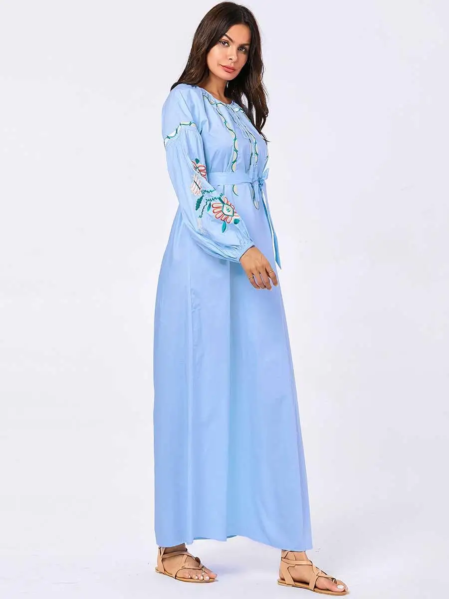 

Embroidery Abaya Muslim Long Sleeve Dress Robe Arab Kaftan Ethnic Jilbab Gown Islamic Clothing Ethnic With Belt Turkish Fashion