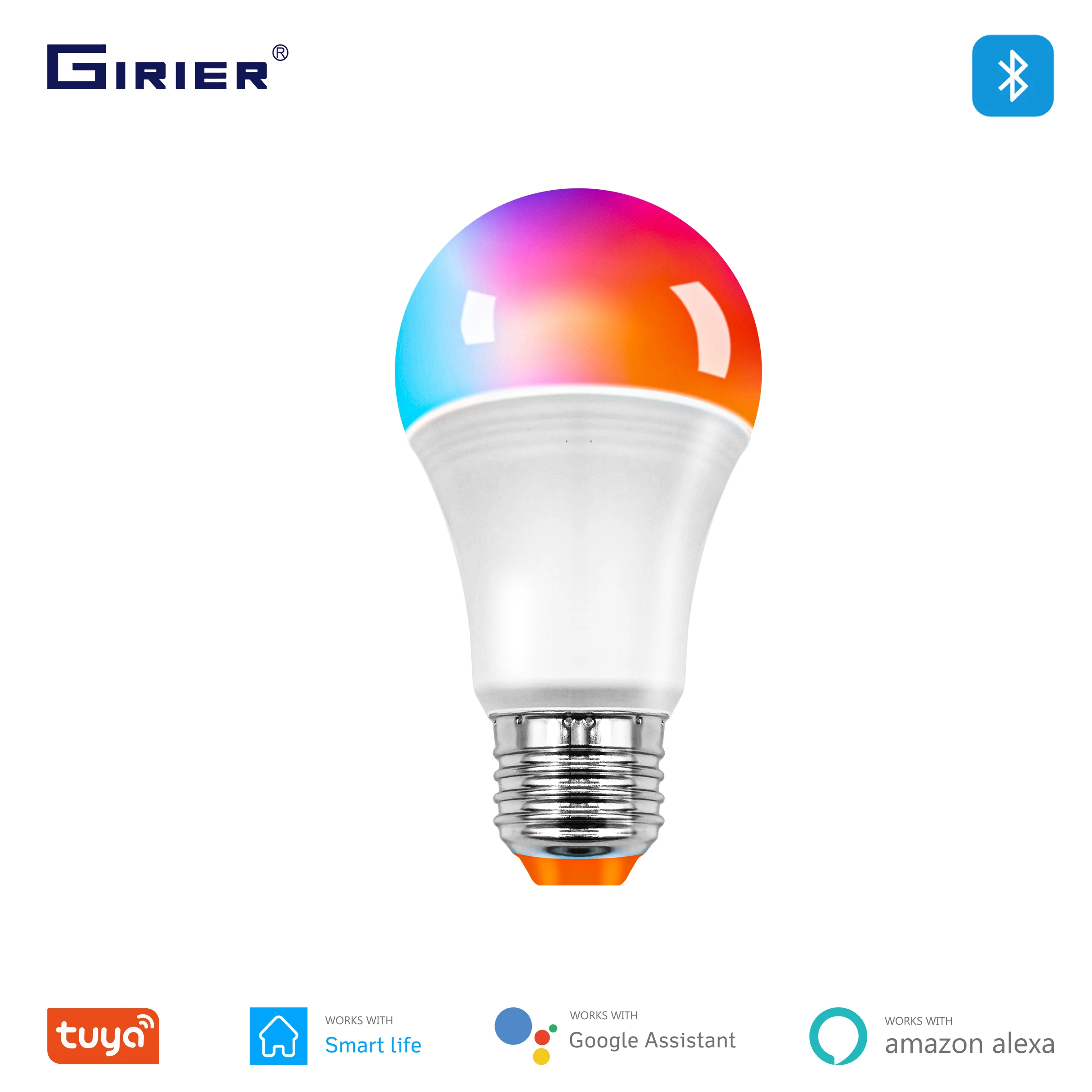 

GIRIER Tuya Bluetooth Smart Led Bulb 15W E27 RGB+WC Colorful Changing Dimmable Light Bulb Works with Alexa Google Home Assistant