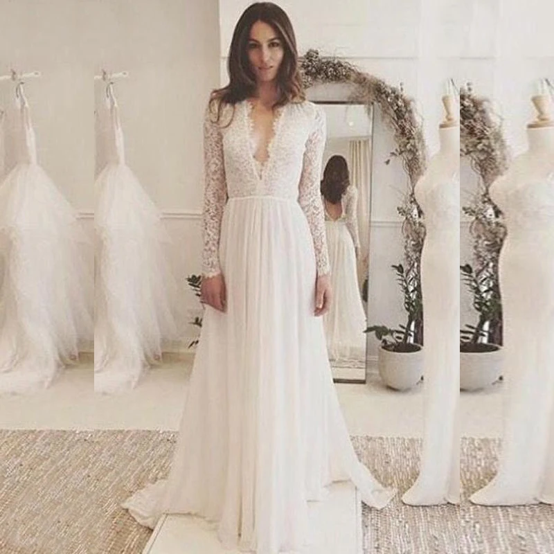 

Женское свадебное платье со шлейфом, кружевное платье цвета слоновой кости с длинным рукавом, открытой спиной и V-образным вырезом, лето 2021