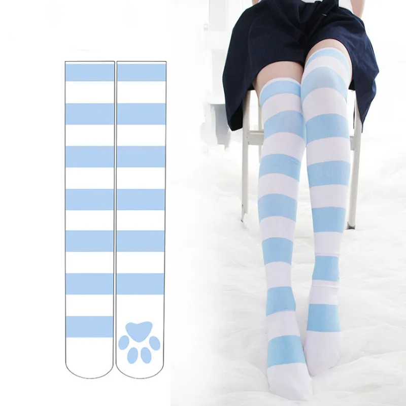 Cute Japanese Anime Stockings 3D Print Cat Claw Lolita Stockings Cosplay Thigh High Socks School Sock Over Knee Striped Stocking