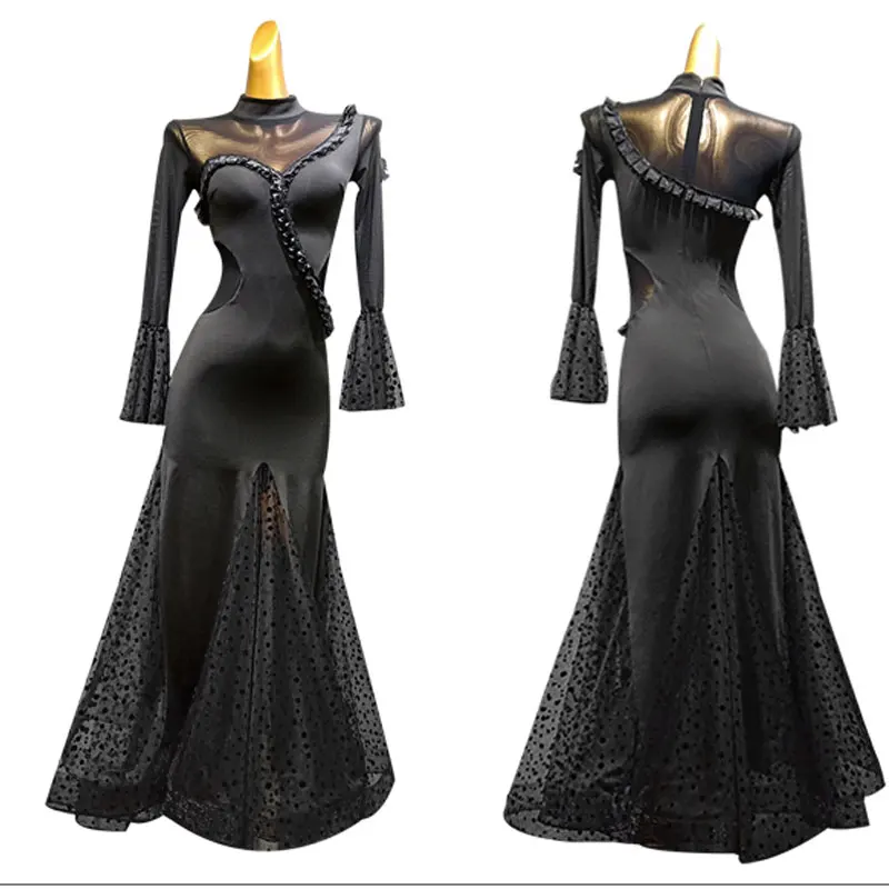 

Сексуальное Кружевное Прозрачное платье для бальных танцев, женские платья с длинным рукавом для вальса, танго, стандартное черное платье д...