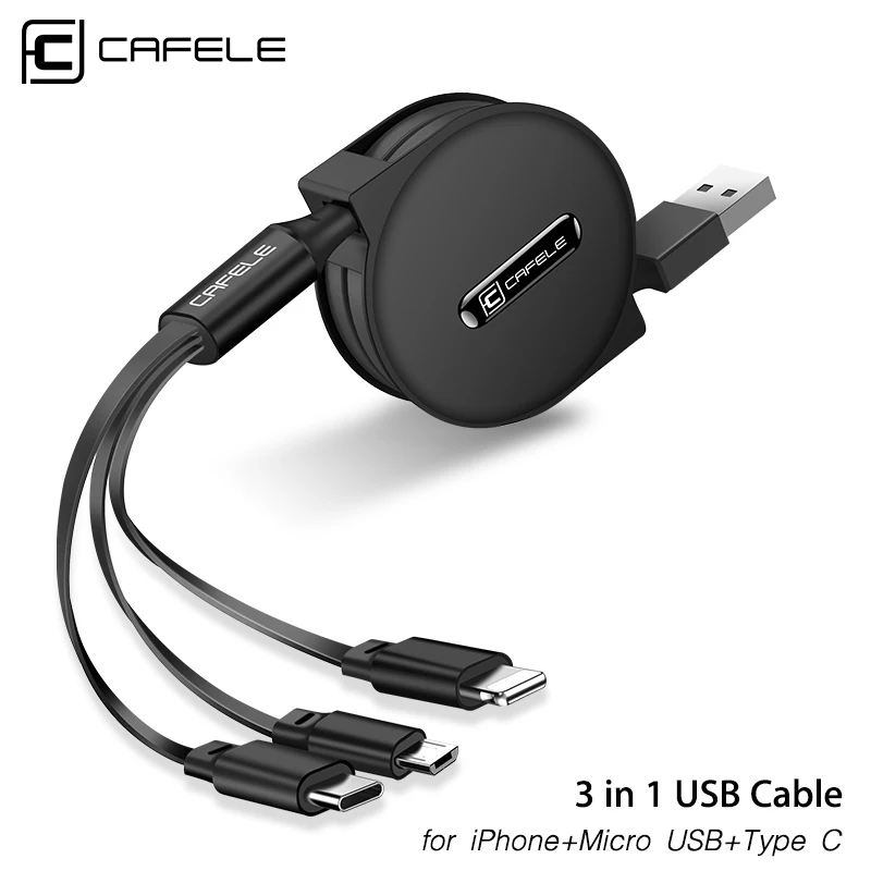 Cafele 3 в 1 Выдвижной USB кабель для iPhone Micro Type C плоский быстрой зарядки + USB|Кабели