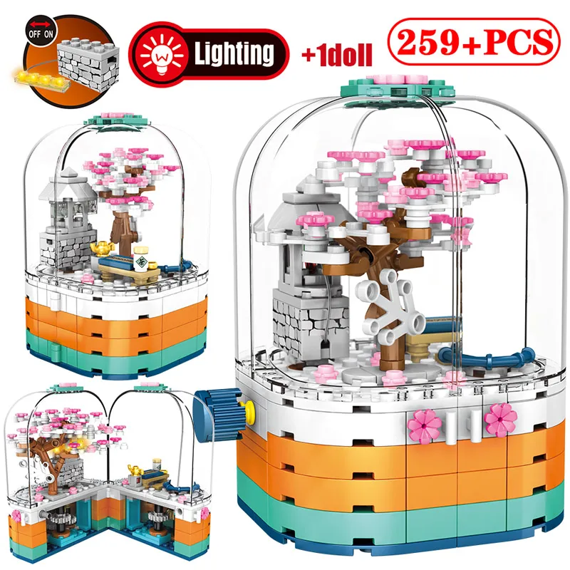 

Креативный светодиодный светильник, вращающаяся музыкальная шкатулка, городской уличный вид, друзья, строительные блоки, Вишневое дерево, ...