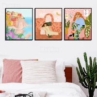 canvas pictures for bedroom cartoon color hand painted western girl houses on cliffs and green plants fashion home decor poster