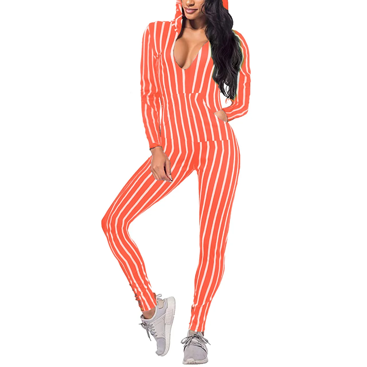 

European and American Women's Striped Printed Hooded Jumpsuit Pocket Clothing