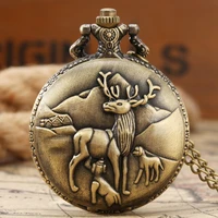 bronze retro carved elk deer quartz pocket watch necklace pendant chain clock simple round dial 2021 new arrivals souvenir gifts