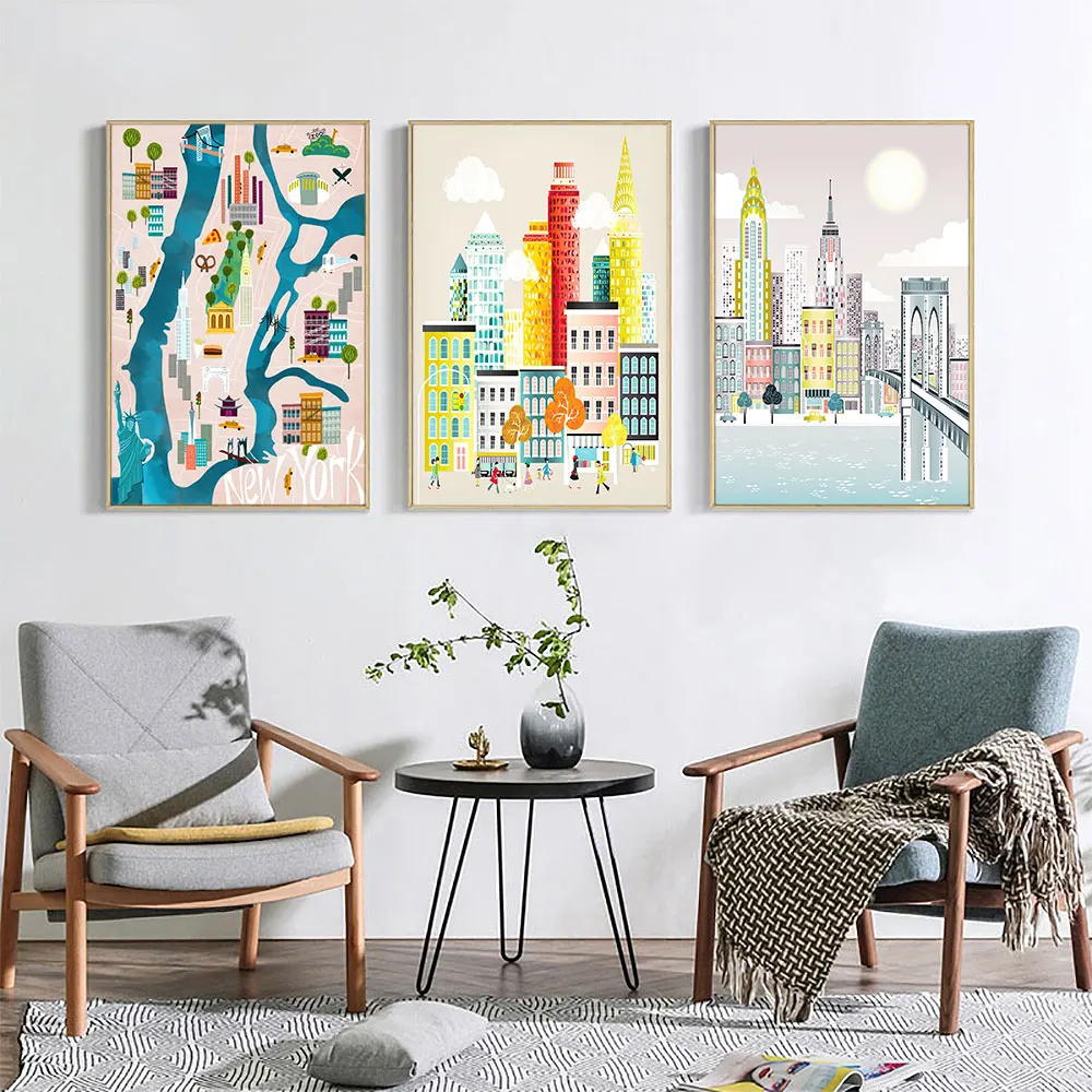

New York Map Poster City Skyline Canvas Painting Travel City Anime Art Print Modern Wall Picture For Living Room Home Decor