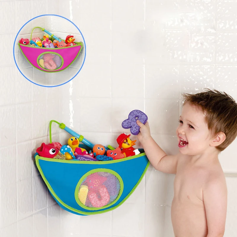 

Baby Bath Toys Organizer Wall Hanging Mesh Storage Bag With Strong Suction Cup Bathroom Cosmetics Net Bag Folding Storage Basket