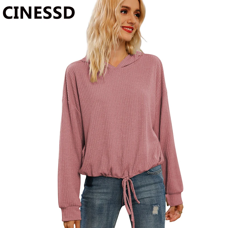 

CINESSD Women Hooded Long Sleeves Casual Hoodies Burgundy V Neck Pullover Tops 2020 Autumn Solid Lace Up Black Hoodie Sweatshirt