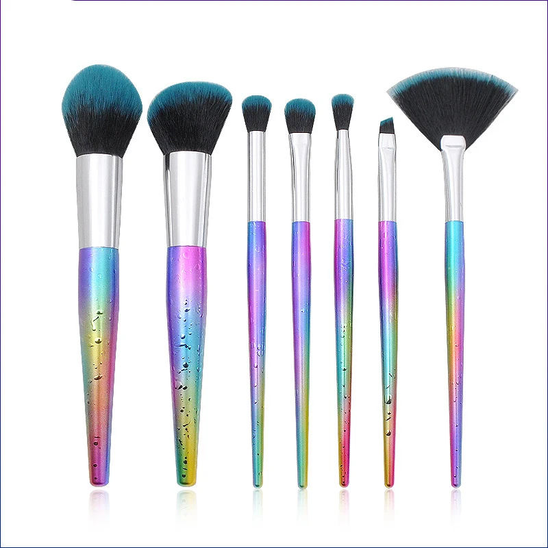 Low MOQ custom makeup brush set private label color holographic water drop cone brush fan shaped  eye shadow lipstick brush