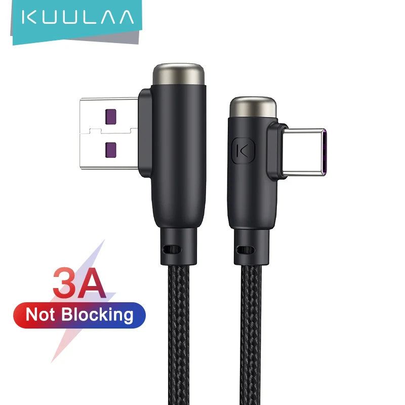 KUULAA Кабель с разъемом USB-C 90 градусов устройство для быстрой зарядки с разъемом USB Type-C кабель для Xiaomi mi-8 6 Samsung S20 S10 плюс мобильный телефон нейлон USB-C шнур - изображение
