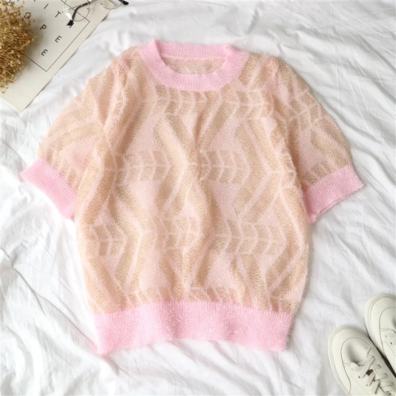 pink Neploe яркие открытые женские футболки лето новые футболки с круглым вырезом и коротким рукавом повседневные трикотажные женские Топы 44382 - Цвет: pink