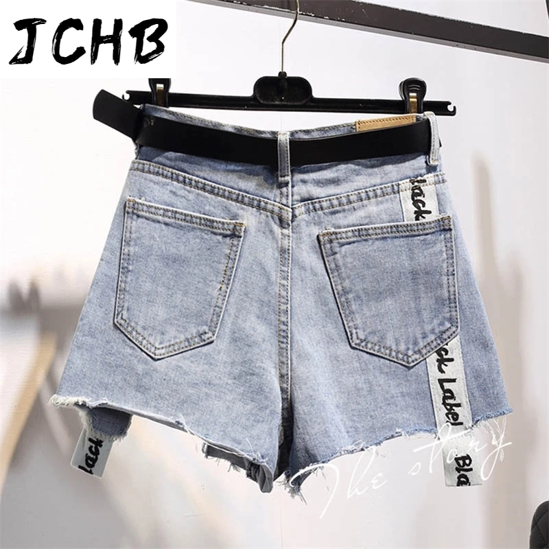 

2021 Plus Size Summer Letter Print Stitching Denim Shorts Summer Women Casual Mid Waist Loose Jeans Shorts Females