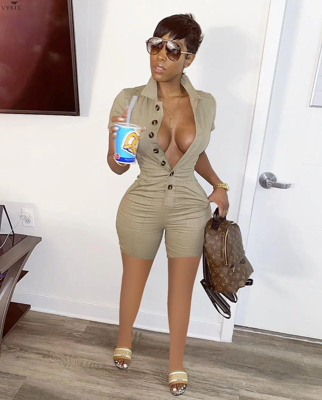 

Комбинезон женский, однотонный, на пуговицах, с коротким рукавом, в стиле сафари