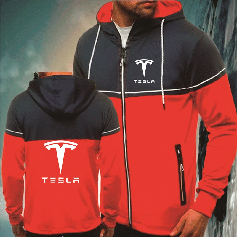 

Spring Autumn Men's Zip Jacket Tesla car Logo Printing Fashion Casual Splicing Men's Jacket Cotton High Quality Men's clothes