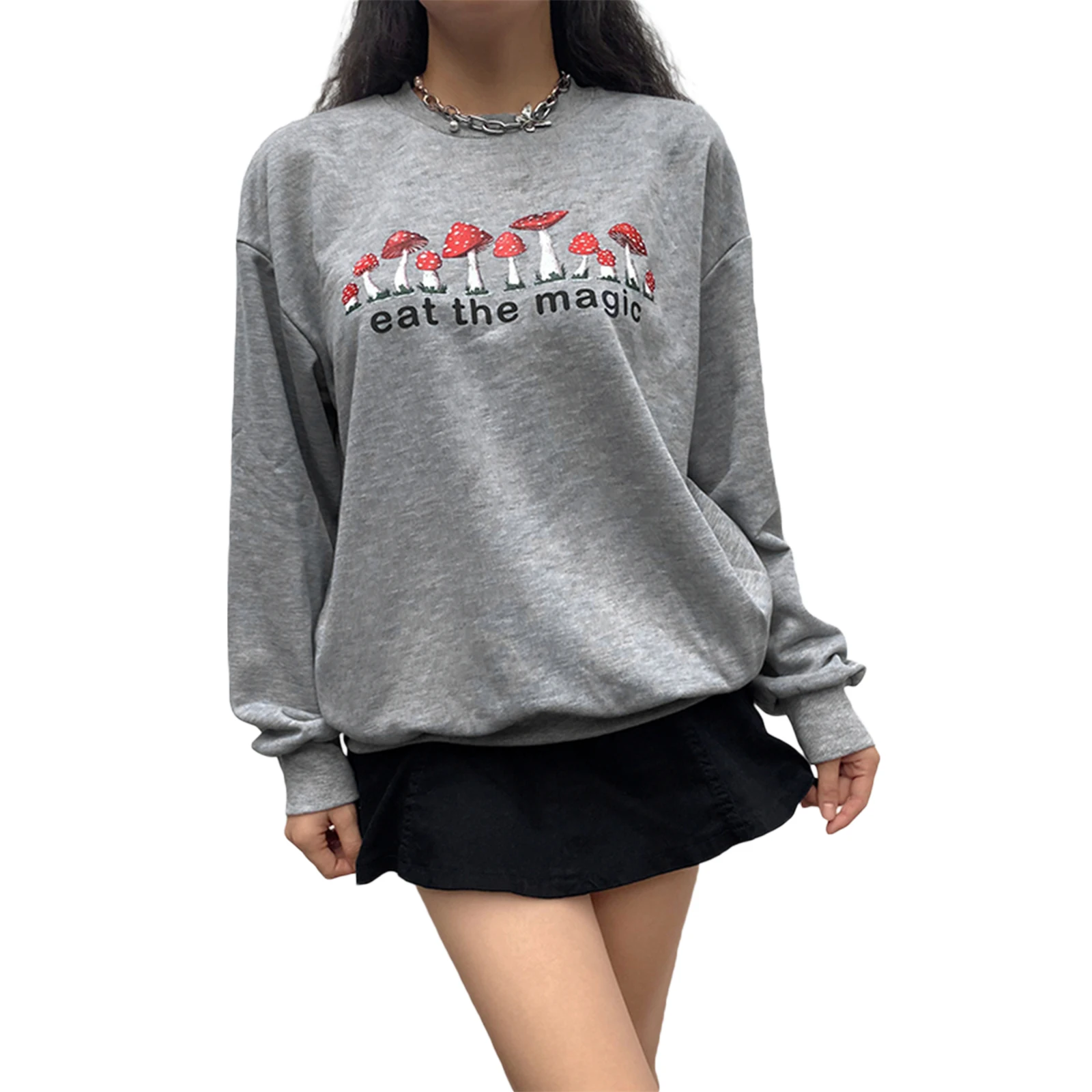 

Women\u2019s Mushroom Pullover Tops Long Sleeve Round Neck Letter Pattern Loose Sweatshirts