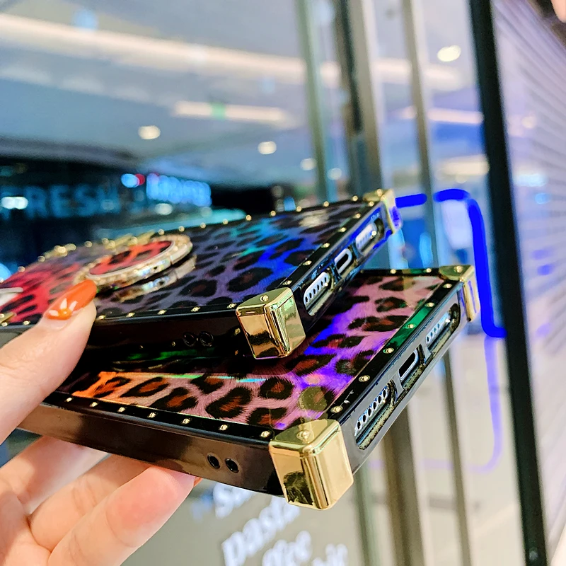 luxury laser leopard texture square phone case for iphone 13pro max 12 11 xs max xr x 7 8 plus glitter blu ray holder soft cover free global shipping