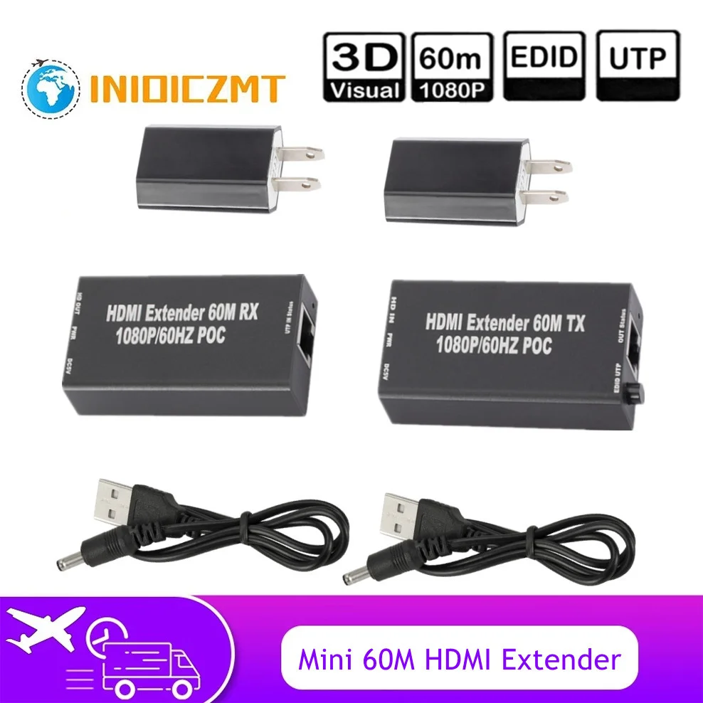 

INIOICZMT Mini 60M HDMI Extender Cable (Transmitter&Receiver) Over Signle RJ45 Cat5e Cat6 Ethernet HDMI Sender & Receiver For PC