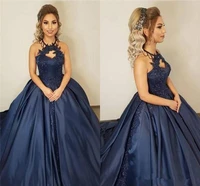 princess ball gown long prom dresses 2020 sexy halter navy blue plus size cheap lace appliques girl pageant formal evening gown