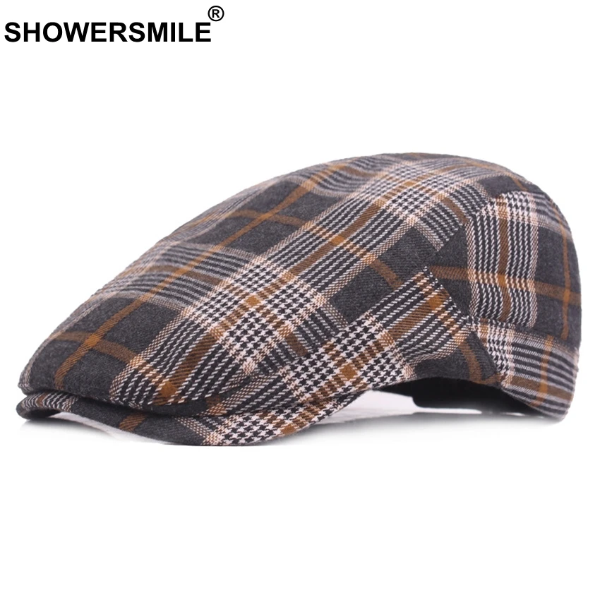 SHOWERSMILE Красный Клетчатый Берет Головные уборы для мужчин и женщин клетчатые плоские шапки хлопковые береты мужские классические винтажные регулируемые шапки в британском стиле