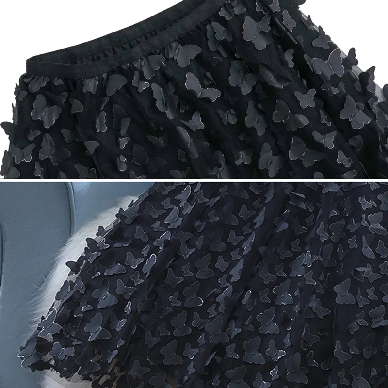 

Summer Embroidery Tulle Long Skirts Blue 3D Embroidered Butterflies Sweet Fluffy A-line Calf Long Mesh Skirts White