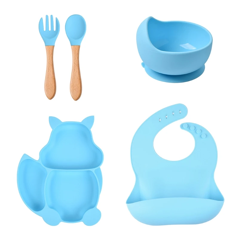 

5 Pcs Baby Silicone Bibs Squirrel Divided Dinner Plate Sucker Bowl Spoon Fork Set Training Feeding Food Utensil Dishes Tableware