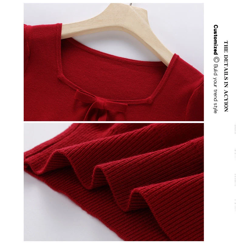 

Square Collar Short Puff Sleeve Sweet Style Sweater Lace Up Women Girl Summer Thin T-Shirt Short Sweater Korean Harajuku Elegant