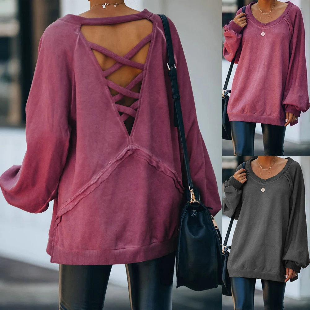 

Autumn and Winter Sweater round-Neck Characteristics Backless Cross Loose-Fit Pullover