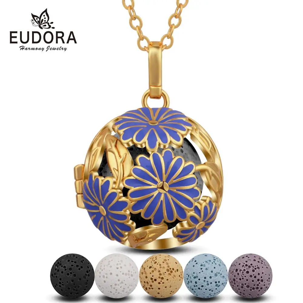 Eudora Golden 18mm Cornflower Open Locket Essential Oil Diffuser Pendant Necklace Aroma with Lava Rock K143G18 | Украшения и