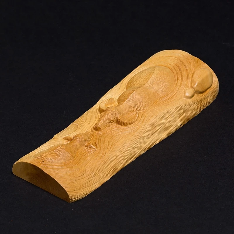 

Zodiac Ox Animal Sculpture Cattle Drinking Water Boxwood Carving Living Room Fortune Office Mini Decoration Sculpture