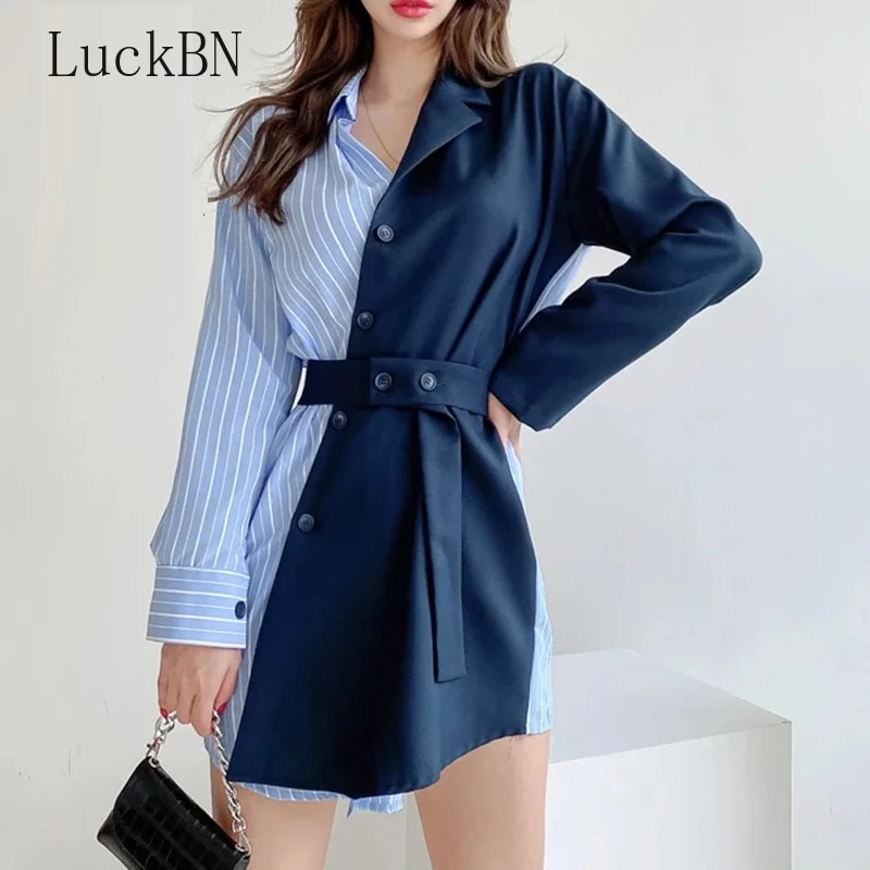

Fashion Shirt Dress Female 2021 Spring Autumn Dresses Batwing Sleeve Loose Solid Color Stitching Striped Asymmetrical Dresses
