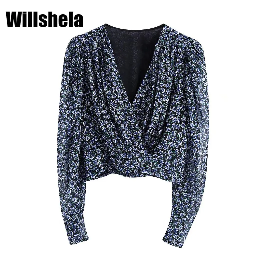 

Willshela Women Vintage Floral Printed Blouse Top Surplice V-neckline with Pleated Detail Long Sleeves Chic Lady Woman Top