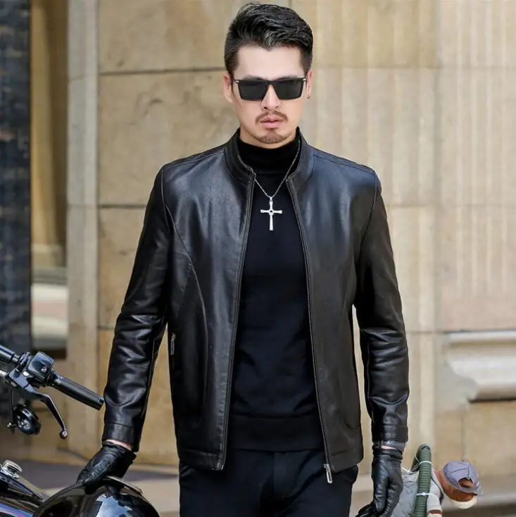 Thin mens leather jacket spring motorcycle coat men jackets stand collar clothes personalized jaqueta de couro street fashion