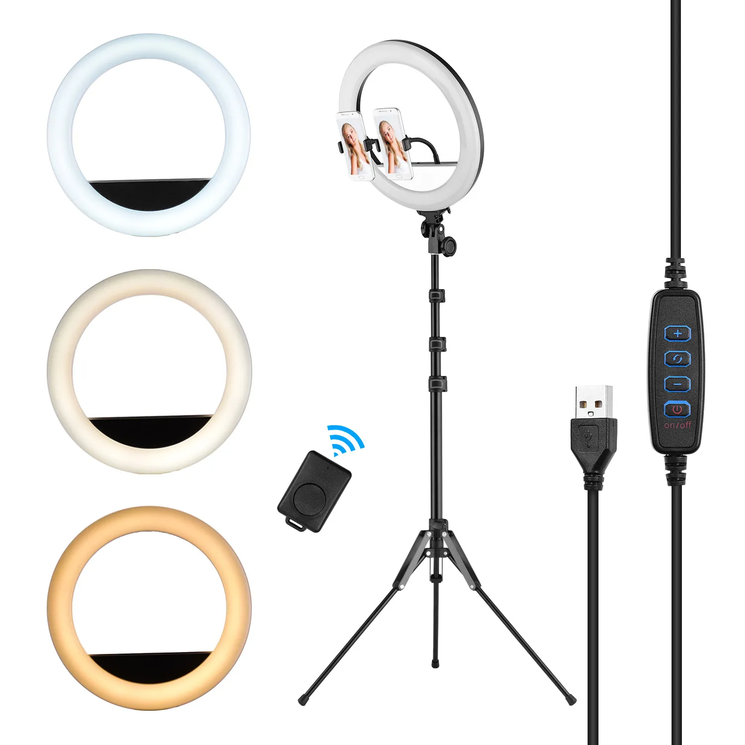 

14inch Video LED Ring Light 13W 3000-6500K 3 Colors Dimmable CRI90 with Aluminum Alloy Tripod Dual Phone Holders Remote Shutter