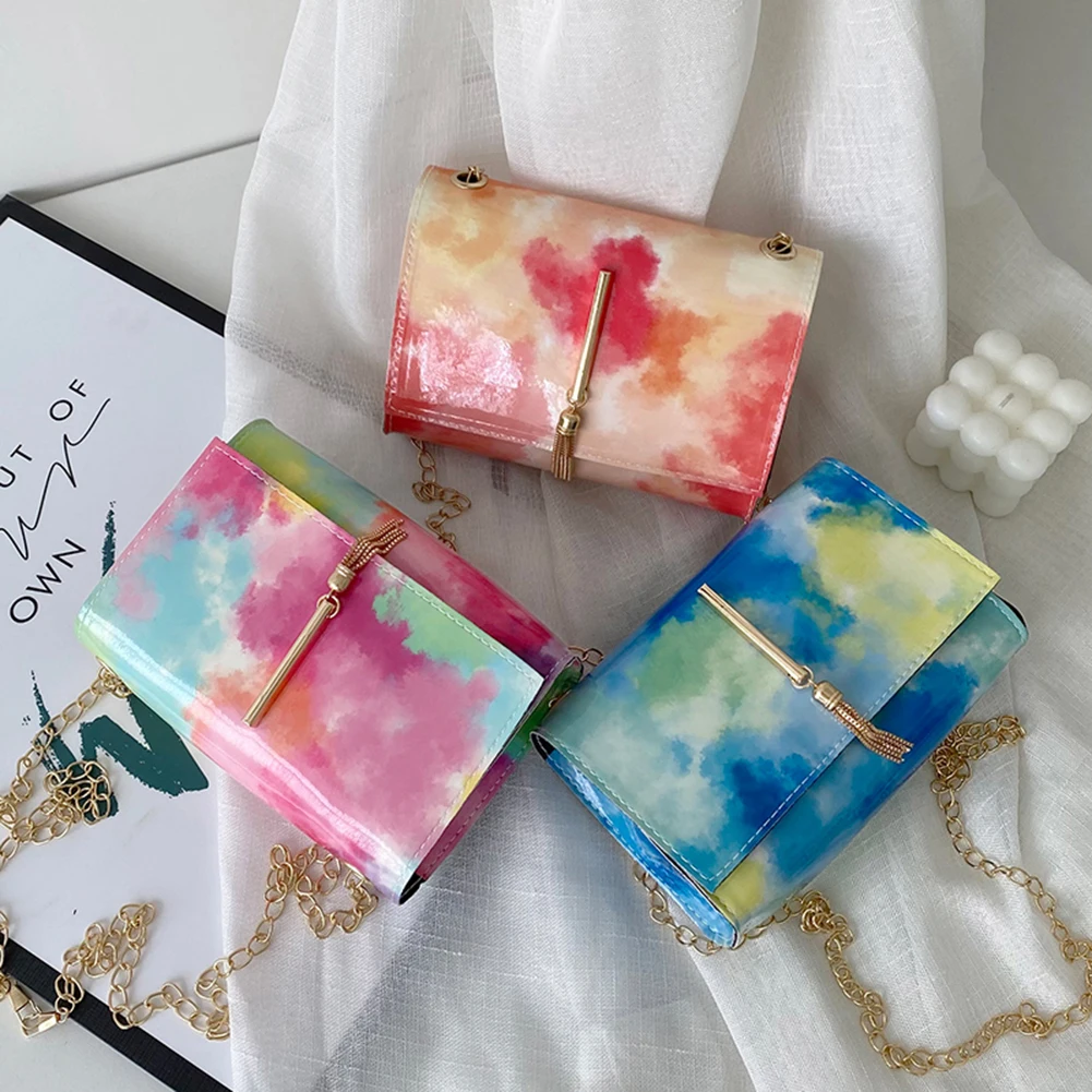 

Vintage Women PU Leather Tie Dye Tassel Shoulder Crossbody Messenger Bag Casual Ladies Contrast Color Chain Mini Flap Purse