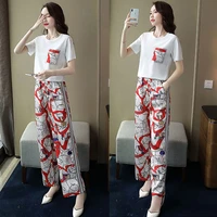 two piece fashion wide leg pants suit womens summer 2021 new korean version loose and thin temperament printing